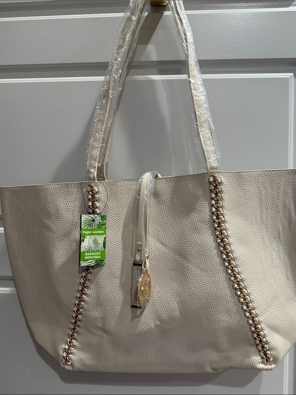 Badgley Mischka Cream Vegan Tote with Gold Chain Trim